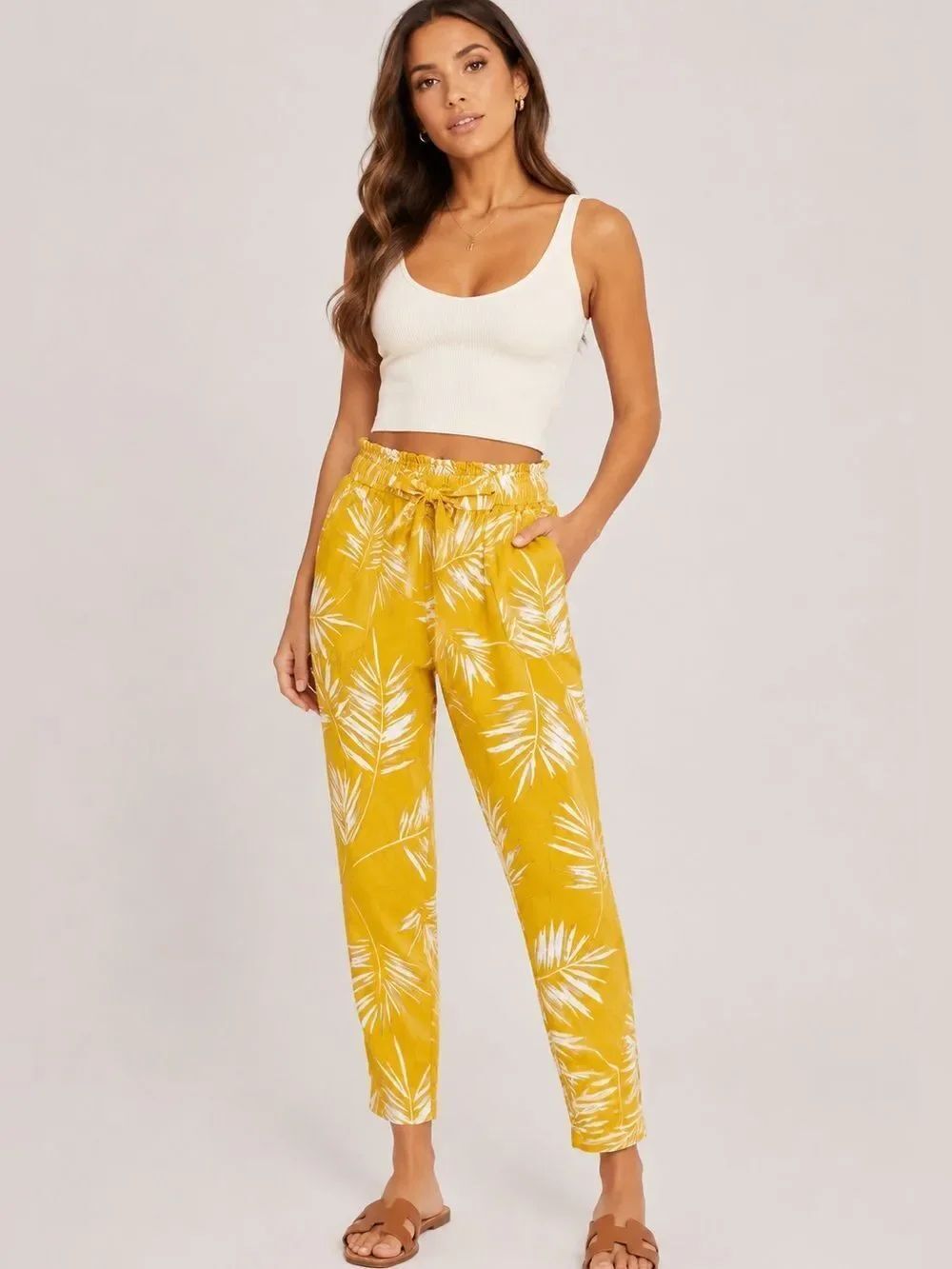 SOHO Apparel Yellow Palm Print Pants